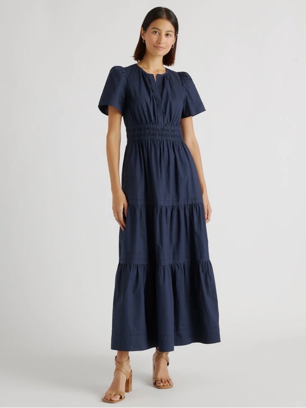 Quince Navy Smocked Waist Tiered Maxi Dress